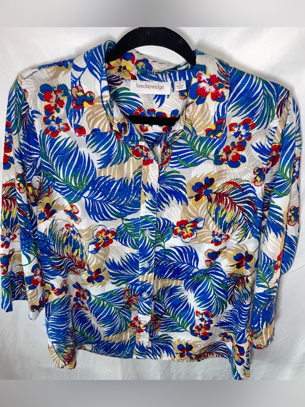 Breckenridge Cotton Tropical Print Blouse Button Down 3/4 Sleeve Size L